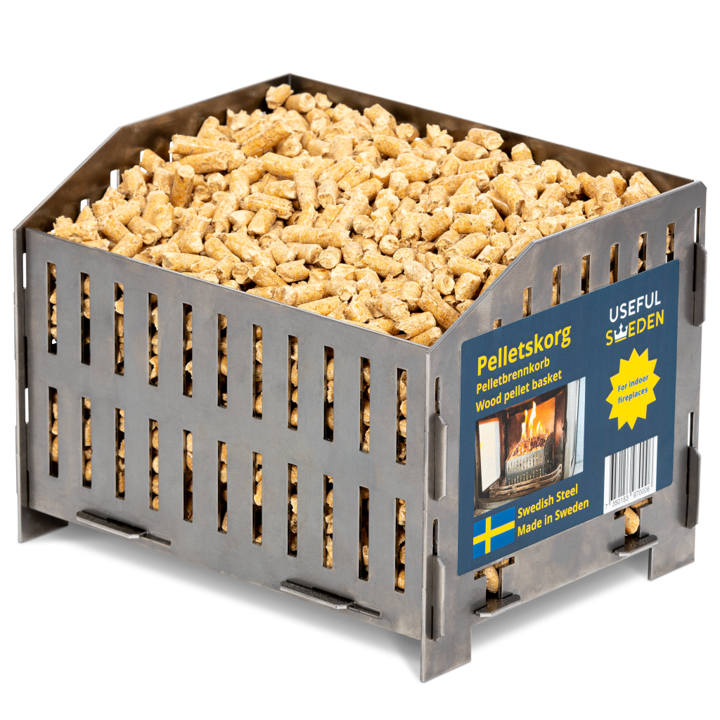 Useful Swedens Pellet basket for burning wood pellets in open fireplace or stove.